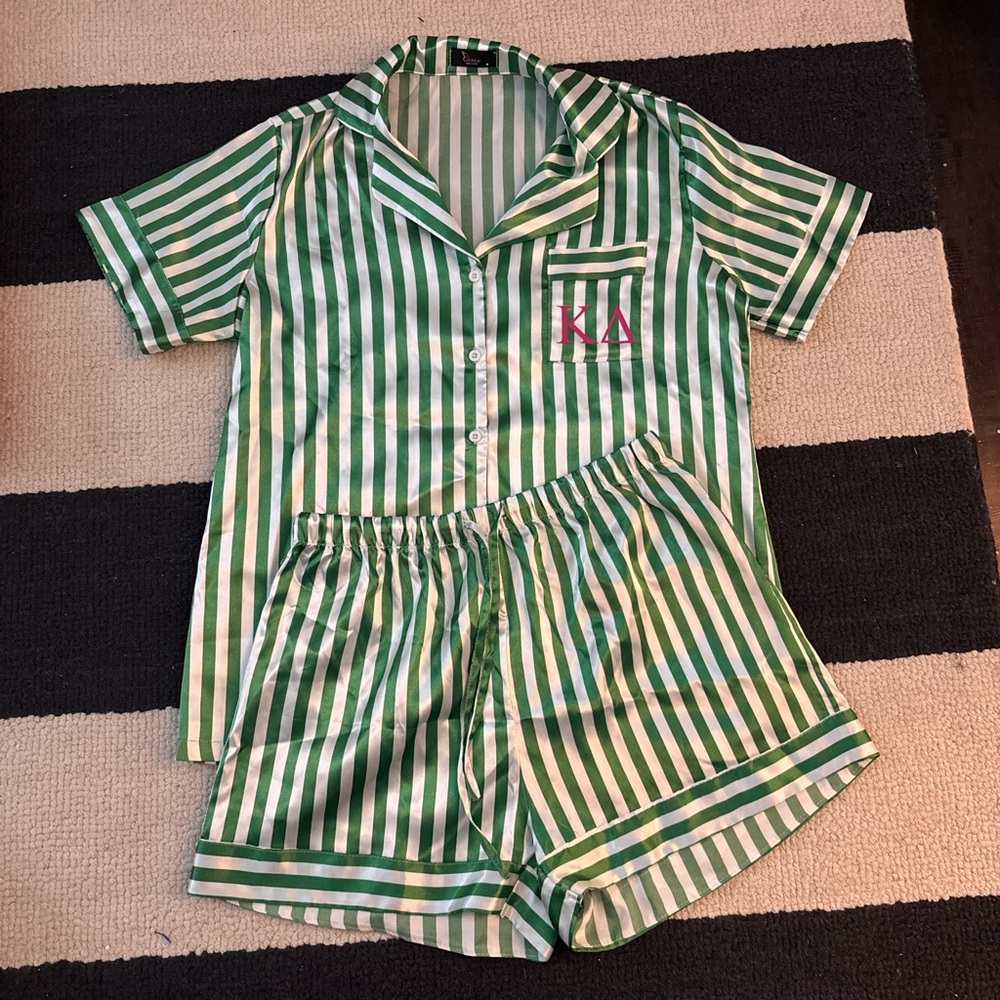 Kappa Delta silk PJ set, Green and White Stripes, Short Sleeve Top & Shorts